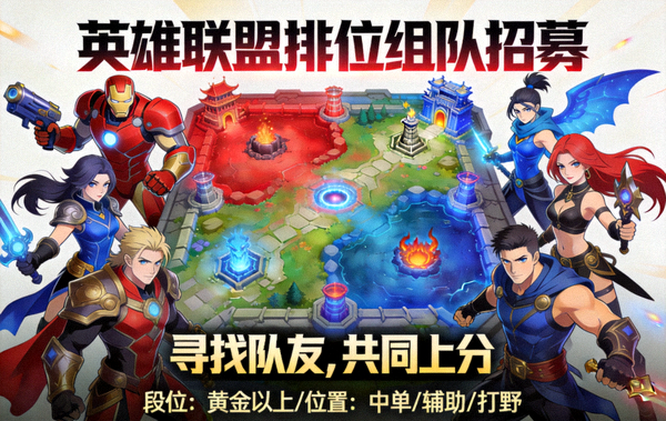 英雄联盟排位组队招募，展示峡谷地图与英雄